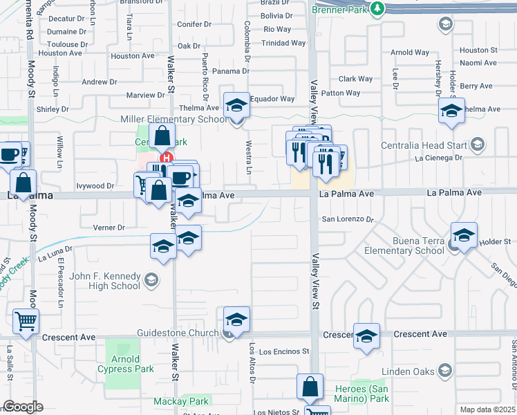 map of restaurants, bars, coffee shops, grocery stores, and more near 5791 Park West Circle in La Palma