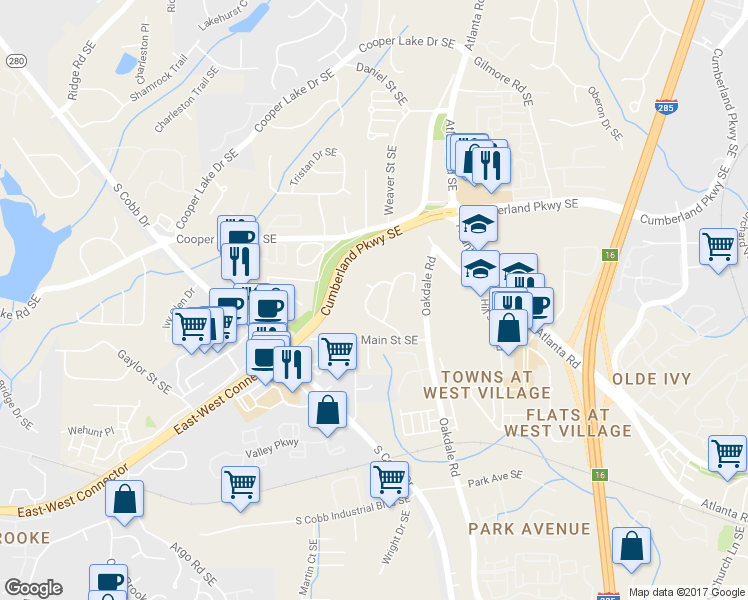 map of restaurants, bars, coffee shops, grocery stores, and more near 4451 Oakdale Vinings Landing SE in Smyrna