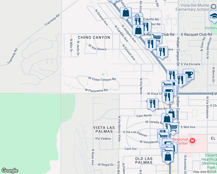 map of restaurants, bars, coffee shops, grocery stores, and more near 1725 North Tuscan Road in Palm Springs
