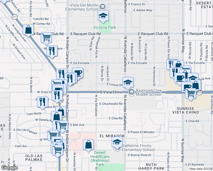 map of restaurants, bars, coffee shops, grocery stores, and more near 741 East Louise Drive in Palm Springs