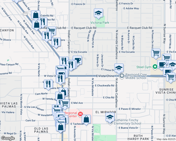 map of restaurants, bars, coffee shops, grocery stores, and more near 1735 North Vía Miraleste in Palm Springs