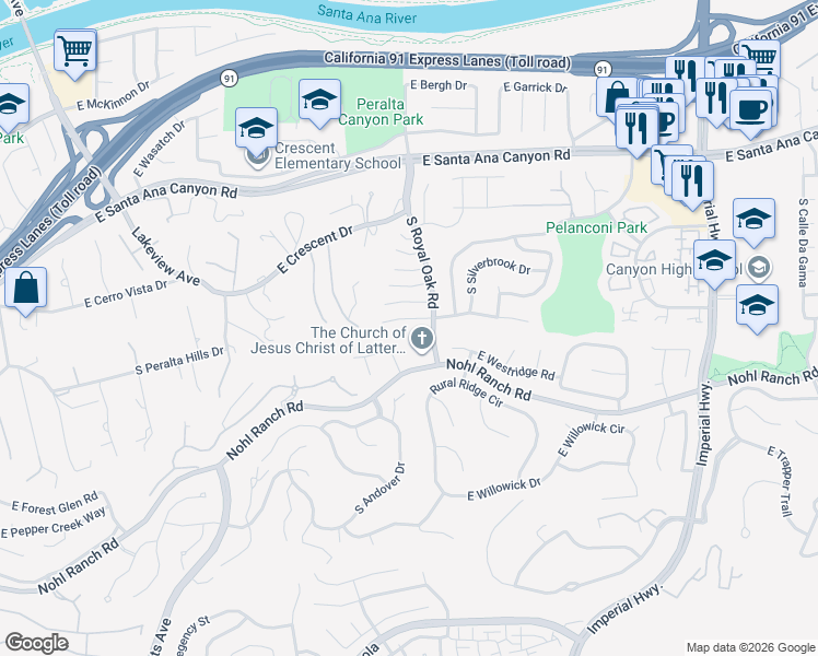 map of restaurants, bars, coffee shops, grocery stores, and more near 5231 East Honeywood Lane in Anaheim