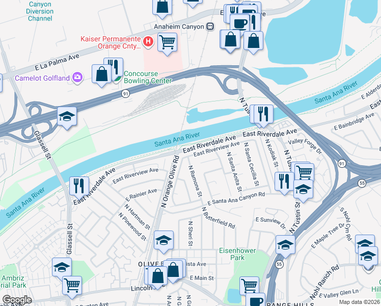 map of restaurants, bars, coffee shops, grocery stores, and more near 1519 East Riverview Avenue in Orange