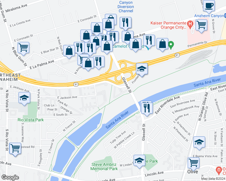 map of restaurants, bars, coffee shops, grocery stores, and more near 3060 East Frontera Street in Anaheim