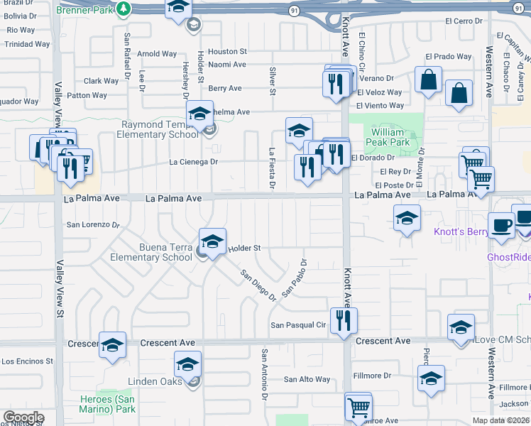 map of restaurants, bars, coffee shops, grocery stores, and more near 8012 San Huerta Circle in Buena Park