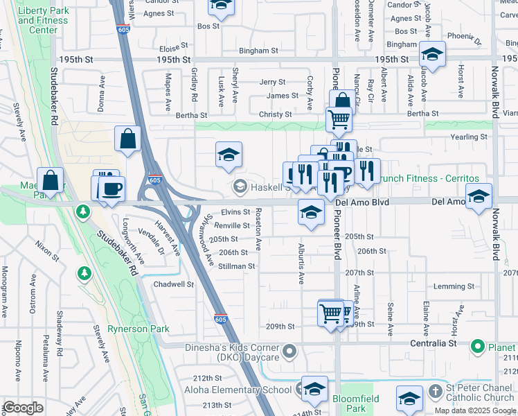 map of restaurants, bars, coffee shops, grocery stores, and more near 11533 Elvins Street in Lakewood