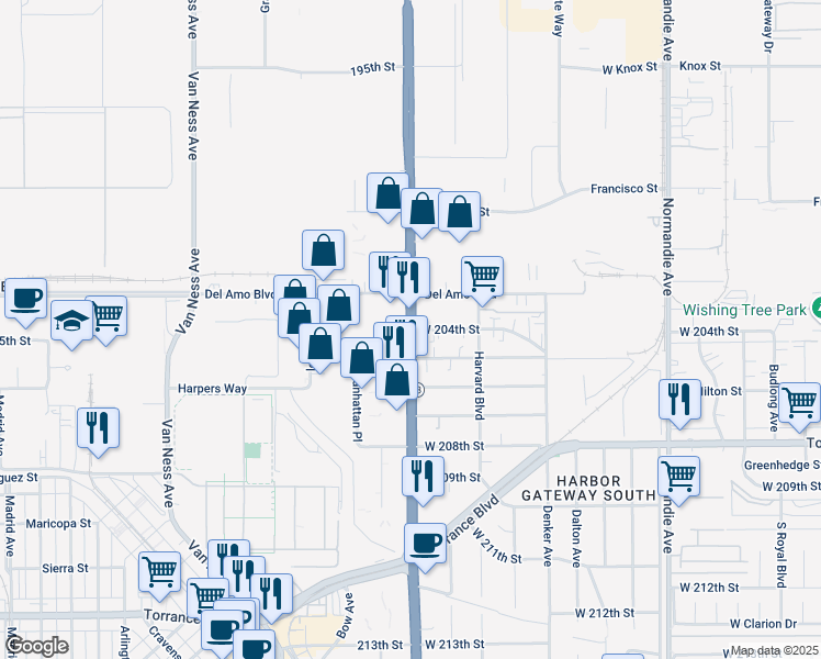 map of restaurants, bars, coffee shops, grocery stores, and more near 20313 South Western Avenue in Torrance