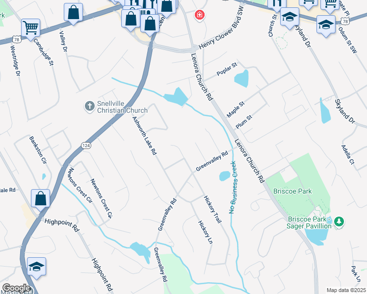 map of restaurants, bars, coffee shops, grocery stores, and more near 2628 Hickory Trail in Snellville