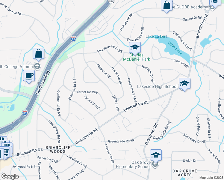 map of restaurants, bars, coffee shops, grocery stores, and more near 2111 Abby Lane Northeast in Atlanta
