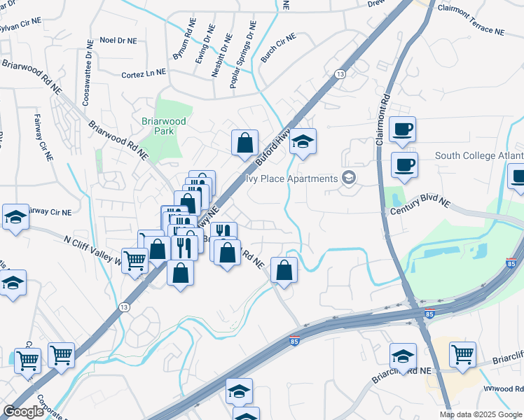 map of restaurants, bars, coffee shops, grocery stores, and more near 1619 Folkstone Road Northeast in Atlanta