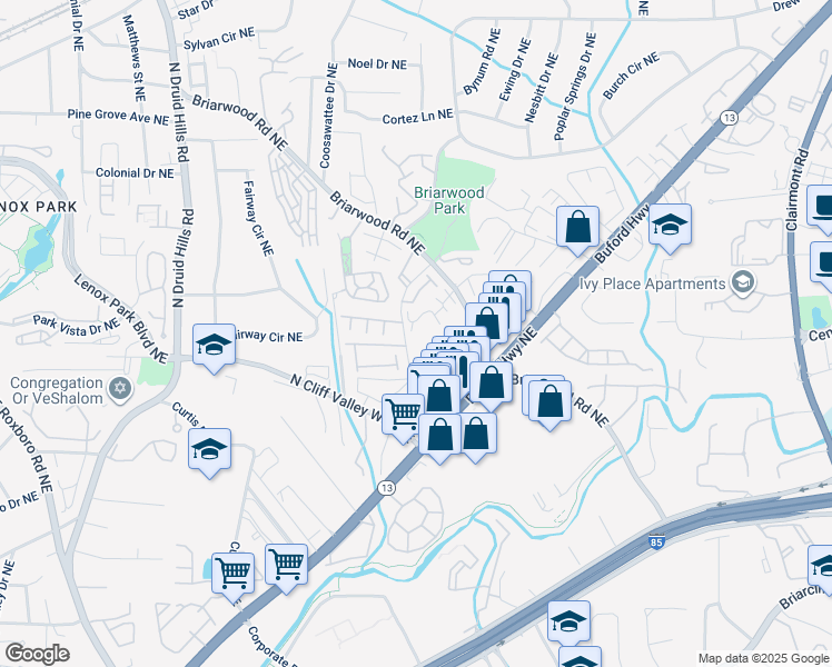 map of restaurants, bars, coffee shops, grocery stores, and more near 1369 Keys Crossing Drive Northeast in Atlanta