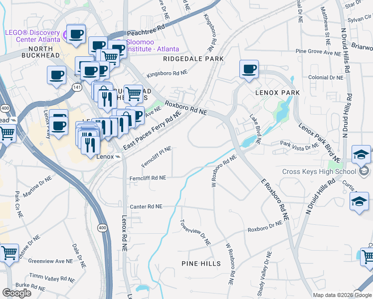 map of restaurants, bars, coffee shops, grocery stores, and more near 3466 Rockhaven Circle Northeast in Atlanta