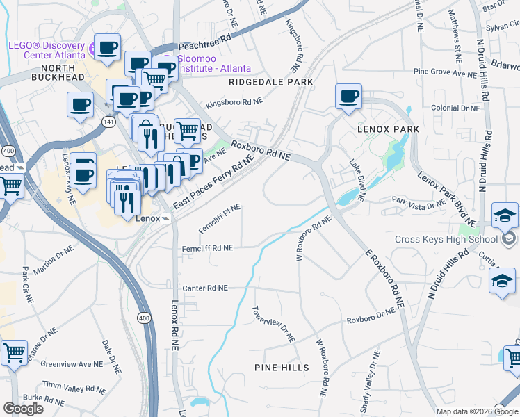 map of restaurants, bars, coffee shops, grocery stores, and more near 3466 Rockhaven Circle Northeast in Atlanta