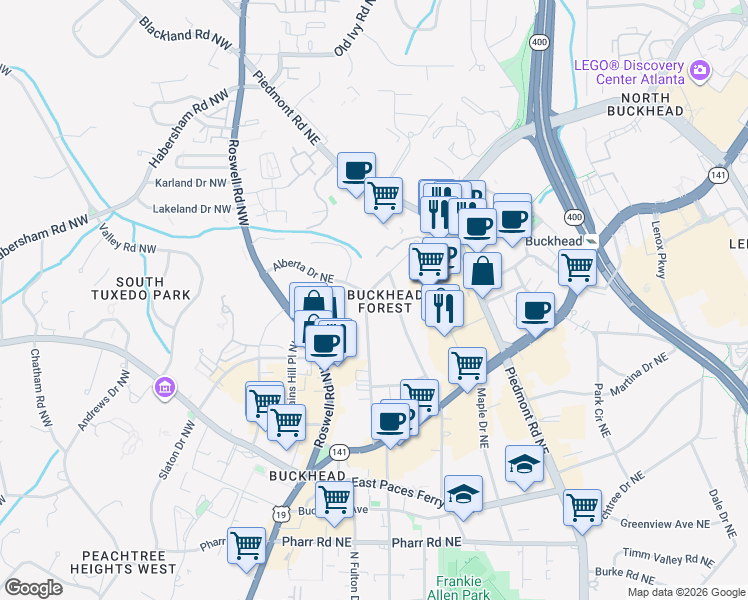 map of restaurants, bars, coffee shops, grocery stores, and more near 3325 Mathieson Drive Northeast in Atlanta