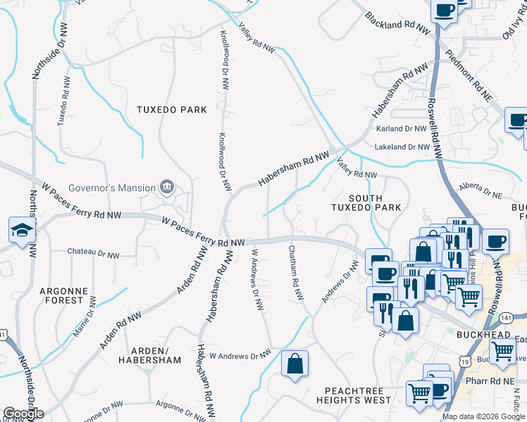 map of restaurants, bars, coffee shops, grocery stores, and more near 3335 West Andrews Drive Northwest in Atlanta