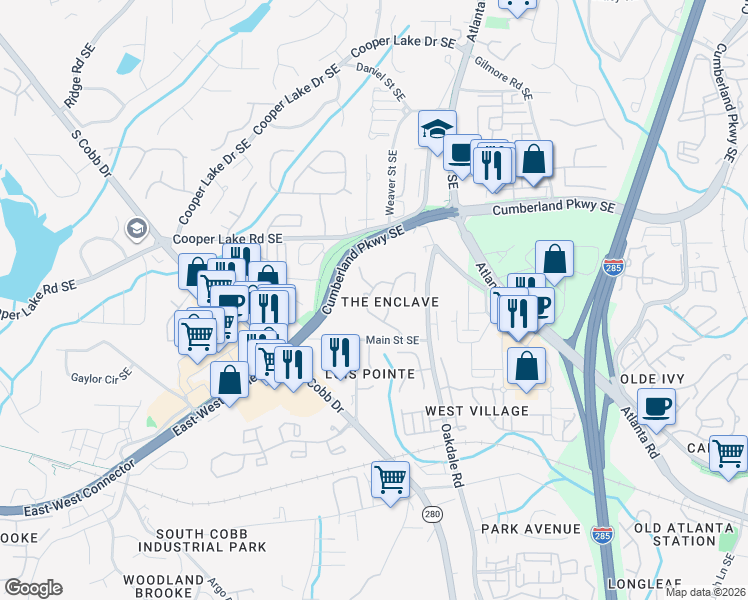 map of restaurants, bars, coffee shops, grocery stores, and more near 4451 Oakdale Vinings Landing Southeast in Smyrna