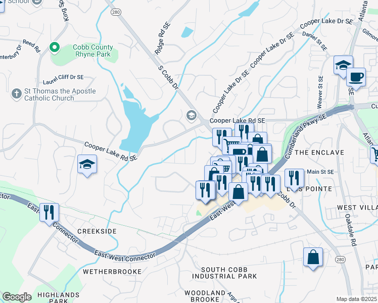 map of restaurants, bars, coffee shops, grocery stores, and more near 4543 Coopers Creek Place Southeast in Smyrna