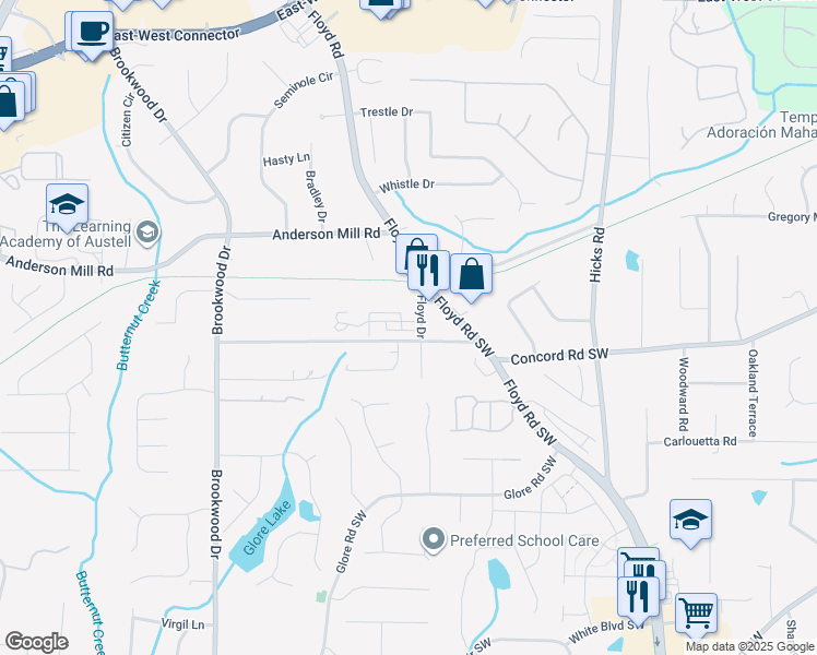 map of restaurants, bars, coffee shops, grocery stores, and more near 1140 Parktown Drive Southwest in Mableton