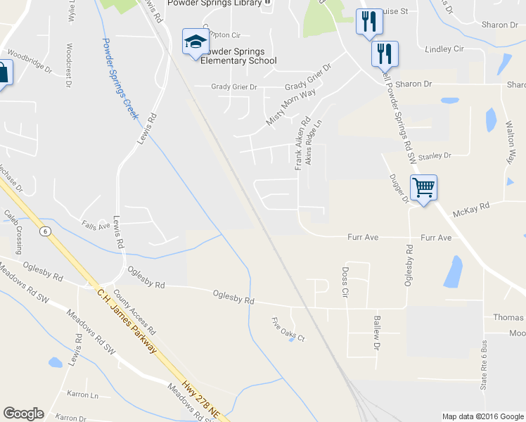 map of restaurants, bars, coffee shops, grocery stores, and more near 4340 Starboard Drive in Powder Springs