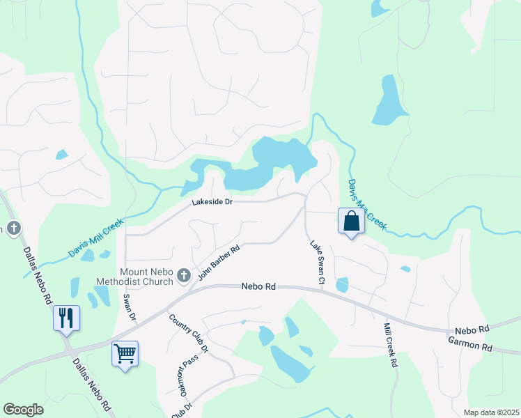 map of restaurants, bars, coffee shops, grocery stores, and more near 526 Lakeside Drive in Hiram