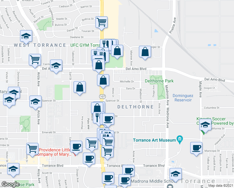 map of restaurants, bars, coffee shops, grocery stores, and more near 3703 White Ct in Torrance