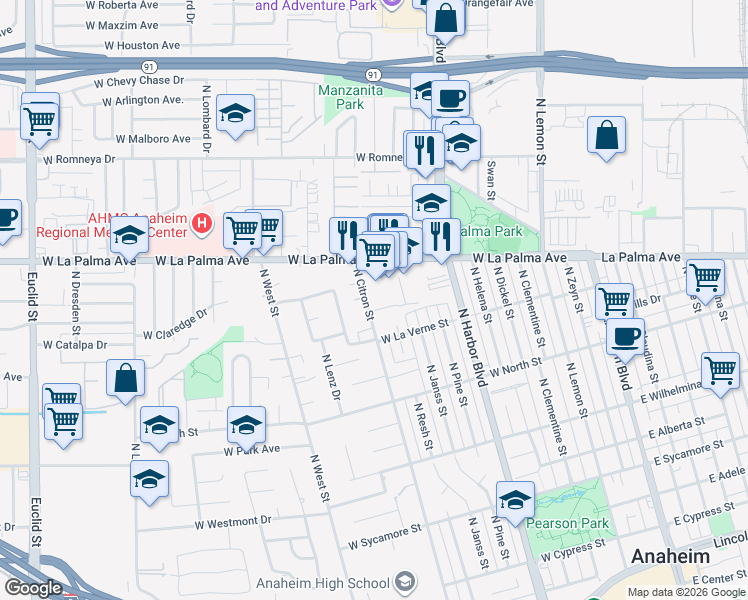 map of restaurants, bars, coffee shops, grocery stores, and more near 934 North Citron Street in Anaheim