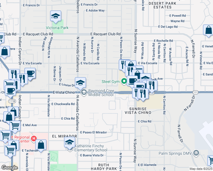 map of restaurants, bars, coffee shops, grocery stores, and more near 1801 North Hermosa Drive in Palm Springs