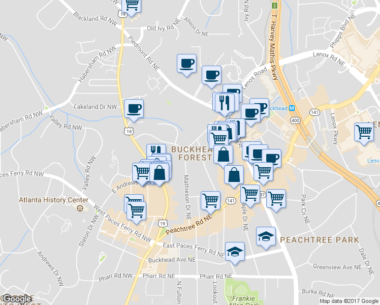 map of restaurants, bars, coffee shops, grocery stores, and more near 3325 Mathieson Drive Northeast in Atlanta