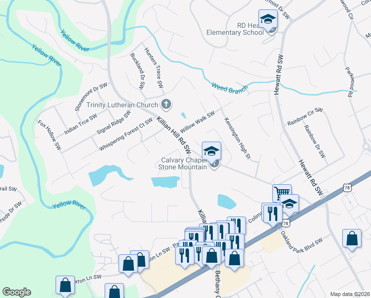 map of restaurants, bars, coffee shops, grocery stores, and more near 4040 Embassy Way in Lilburn