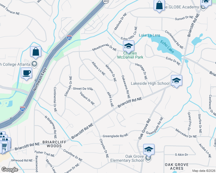 map of restaurants, bars, coffee shops, grocery stores, and more near 2111 Abby Lane Northeast in Atlanta