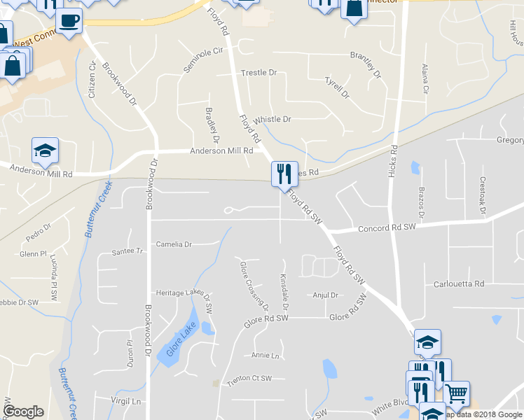 map of restaurants, bars, coffee shops, grocery stores, and more near 1140 Parktown Drive Southwest in Mableton