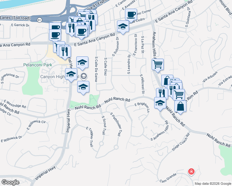 map of restaurants, bars, coffee shops, grocery stores, and more near 5890 East Camino Pinzon in Anaheim