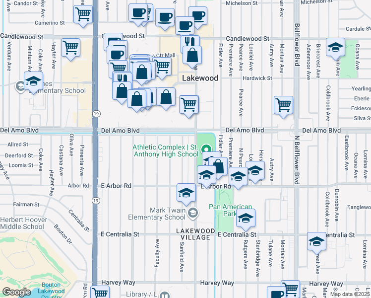 map of restaurants, bars, coffee shops, grocery stores, and more near 4832 Sunfield Avenue in Long Beach