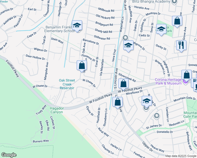 map of restaurants, bars, coffee shops, grocery stores, and more near 3174 Vía Mazatlan in Corona