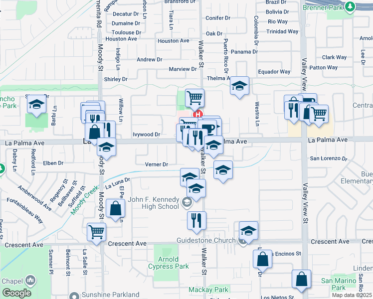 map of restaurants, bars, coffee shops, grocery stores, and more near 5420 La Palma Avenue in La Palma