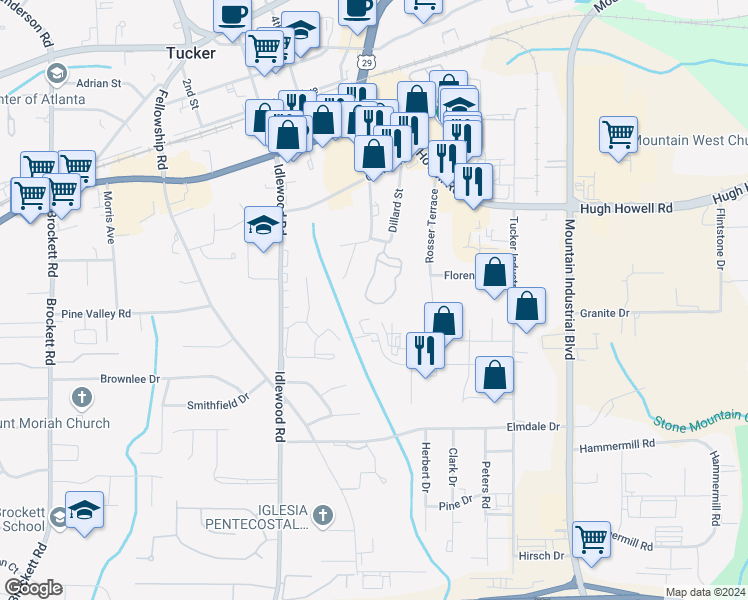 map of restaurants, bars, coffee shops, grocery stores, and more near 2192 Dillard Crossing in Tucker