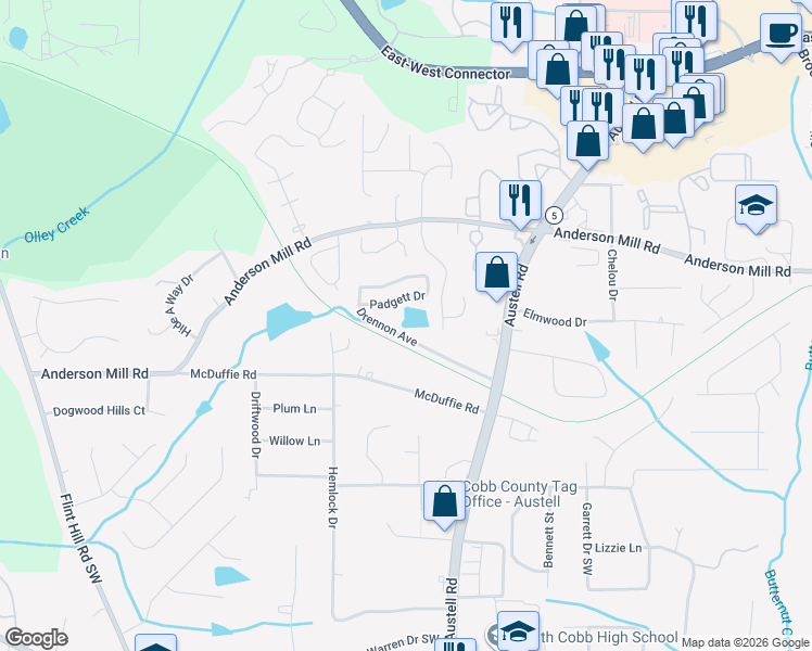 map of restaurants, bars, coffee shops, grocery stores, and more near 2040 Drennon Avenue in Austell