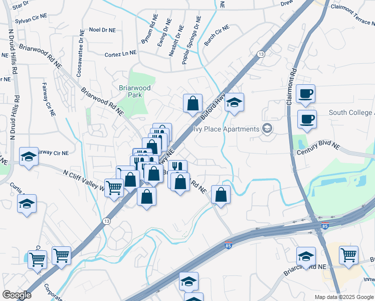 map of restaurants, bars, coffee shops, grocery stores, and more near 1564 Lenox Overlook Road in Atlanta
