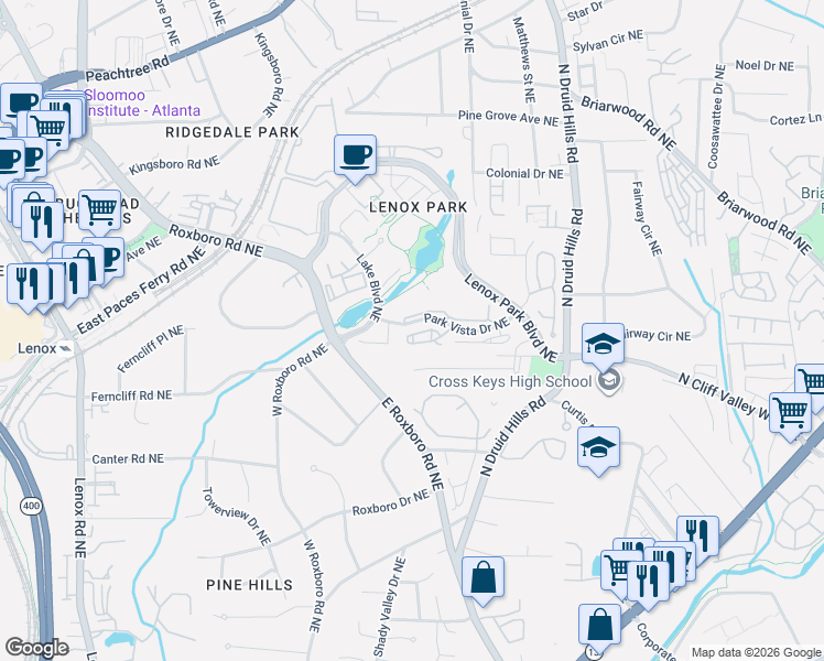 map of restaurants, bars, coffee shops, grocery stores, and more near 1074 Fairway Estates Northeast in Atlanta