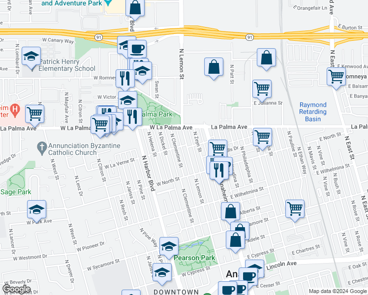 map of restaurants, bars, coffee shops, grocery stores, and more near 857 North Lemon Street in Anaheim