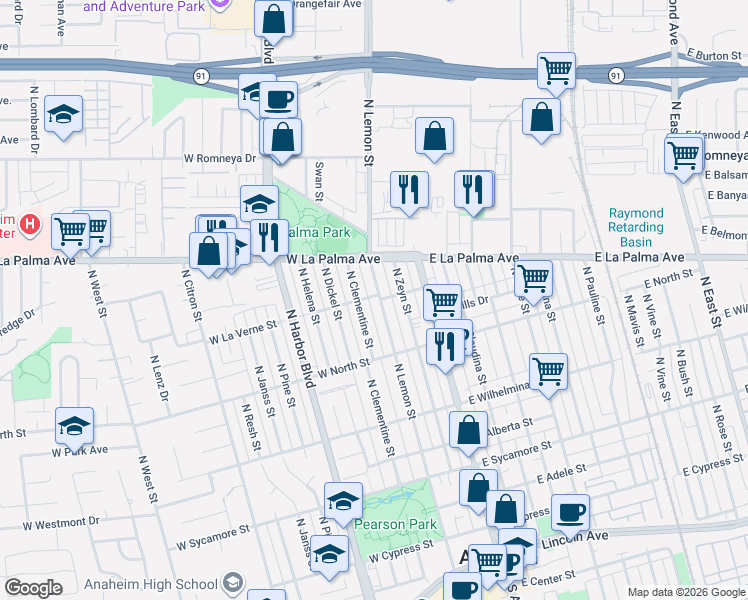 map of restaurants, bars, coffee shops, grocery stores, and more near 857 North Lemon Street in Anaheim