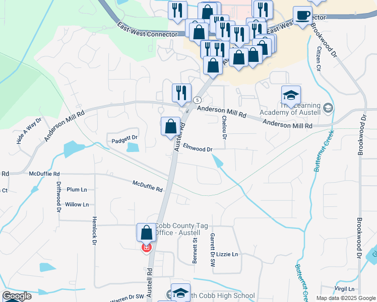 map of restaurants, bars, coffee shops, grocery stores, and more near 1847 Elmwood Drive in Austell