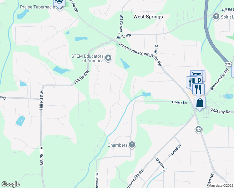 map of restaurants, bars, coffee shops, grocery stores, and more near 5385 Telford Court in Powder Springs