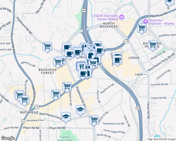 map of restaurants, bars, coffee shops, grocery stores, and more near 3324 Peachtree Road Northeast in Atlanta
