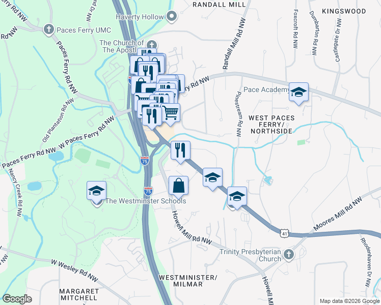 map of restaurants, bars, coffee shops, grocery stores, and more near 3372 Pine Meadow Road Northwest in Atlanta