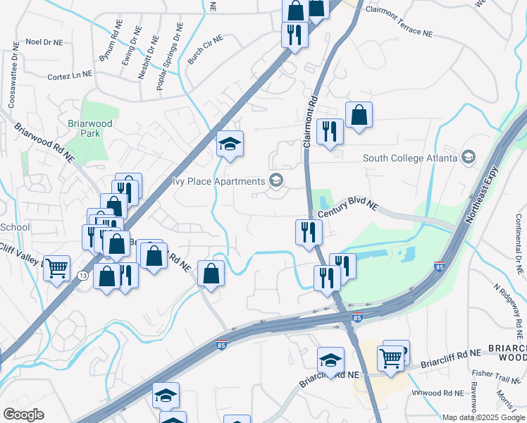 map of restaurants, bars, coffee shops, grocery stores, and more near 1724 Clairmont Way Northeast in Atlanta