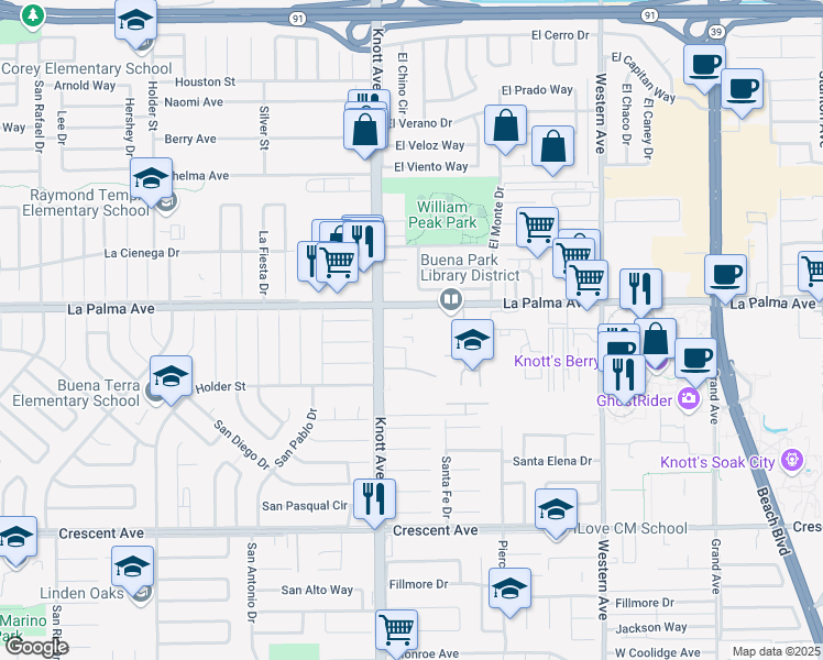 map of restaurants, bars, coffee shops, grocery stores, and more near 7000 Knott Avenue in Buena Park