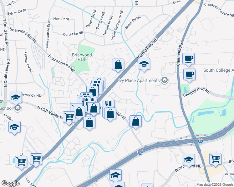 map of restaurants, bars, coffee shops, grocery stores, and more near 1570 Lenox Overlook Road in Atlanta