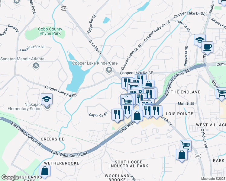map of restaurants, bars, coffee shops, grocery stores, and more near 4365 Coopers Creek Drive Southeast in Smyrna