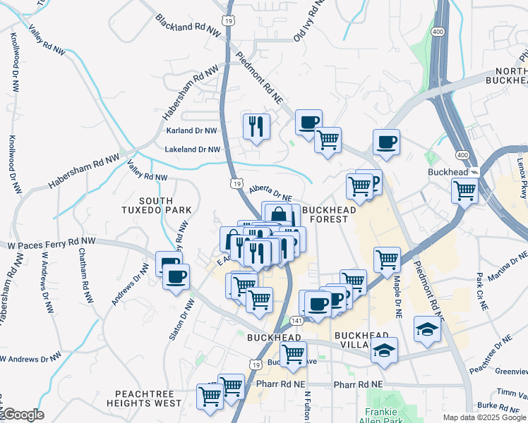 map of restaurants, bars, coffee shops, grocery stores, and more near 3351 Roswell Road Northeast in Atlanta
